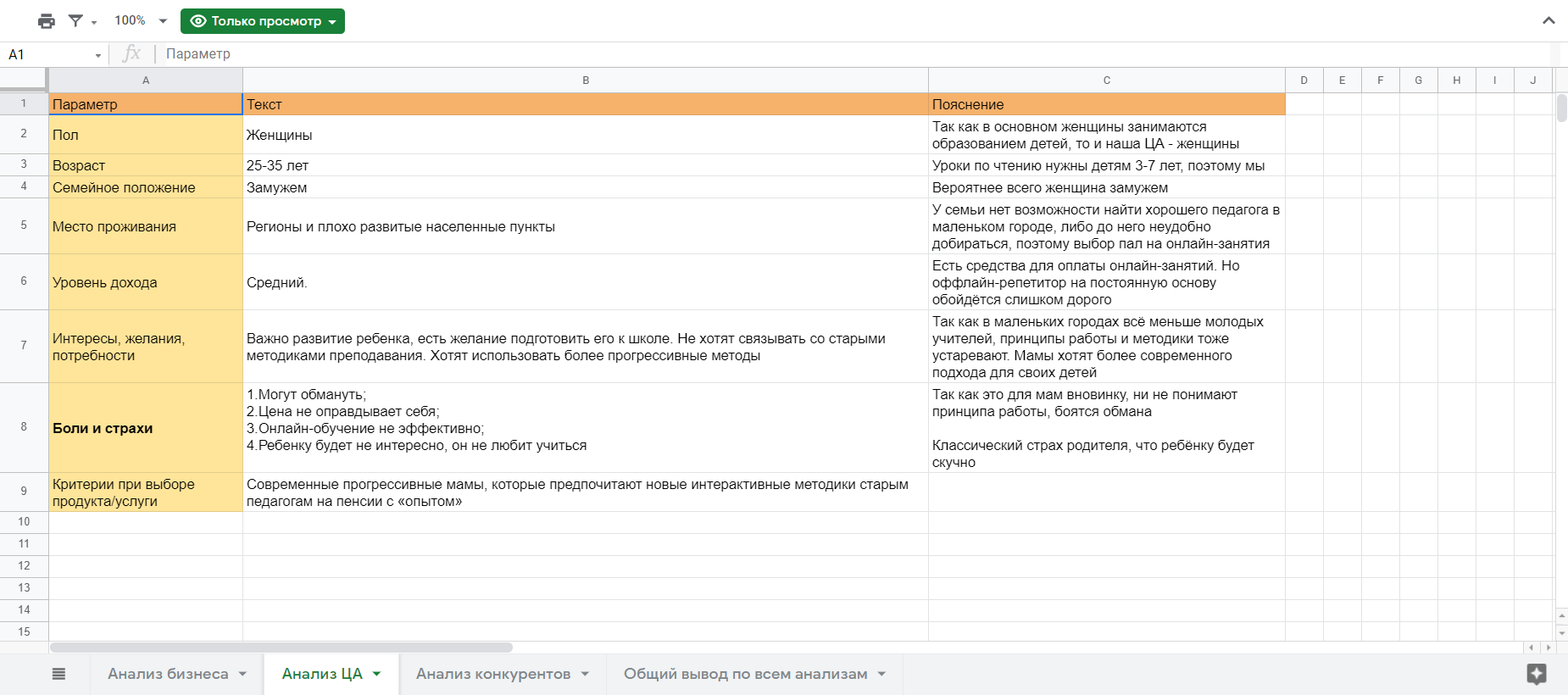 Пример анализа целевой аудитории